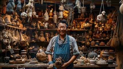 A puppet maker in a magical workshop, surrounded by whimsical, hand-carved puppets hanging from the ceiling.