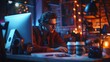 A young DevOps engineer coding late at night, surrounded by empty coffee cups, in a cluttered startup office, styled as urban.