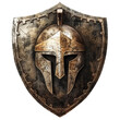 A spartan shield with spartan helmet emblem on it isolated on transparent background.
