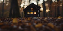 A Tiny Wooden Cabin With Glowing Windows Nestled Among Fallen Autumn Leaves In A Serene Forest.