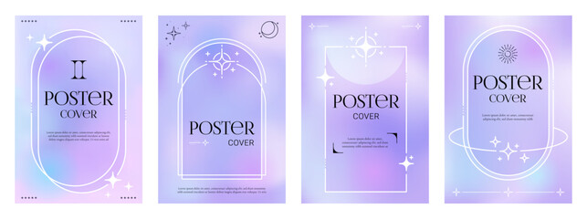 Poster - Modern aesthetic purple gradient Y2K posters and abstract backgrounds, vector cover templates. Pastel or neon purple color gradient posters with Y2K aesthetic geometric and simple minimal frames