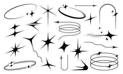 Aufkleber - Aesthetic y2k elements, space star and sparkle figures. Vector linear sparks, arches, ovals, spiral, arrows in black color and retro tech futuristic vibes. Cosmic glamour, trendy, brutal simple shapes
