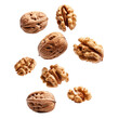 Falling walnuts over isolated white transparent background