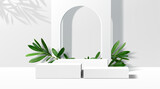 Fototapeta Konie - 3d white podium stage with green olive leaves. Realistic 3d vector platform or pedestal mockup for products presentation in studio. Background with rectangular stands and arch for displaying cosmetics
