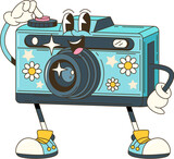Fototapeta Dinusie - Cartoon groovy photo camera retro character. Isolated vector funky, hippie style photocamera personage adorned with vibrant daisy flowers, stars and playful smile push shooting button to make snapshot