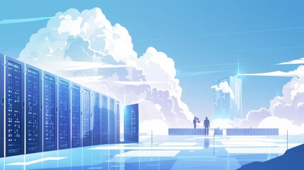 Cloud engineers in an arctic server farm monitoring global data, in a stark, high-contrast icy blue style.