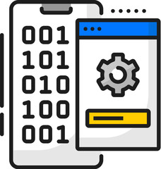 Poster - System update mobile color line icon, maintenance and update software app vector linear sign. Gear symbol and binary code on smartphone screen, indicating software or system enhancements