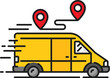 Fast delivery truck color line icon of vector shipping, cargo carriage and package delivery service. Logistics and supply chain outline sign with yellow van, courier car and truck, shipping route pins