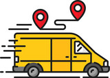 Fototapeta  - Fast delivery truck color line icon of vector shipping, cargo carriage and package delivery service. Logistics and supply chain outline sign with yellow van, courier car and truck, shipping route pins