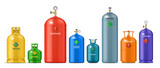 Fototapeta  - Realistic gas metal cylinders, tank bottles or containers of oxygen, propane and hydrogen, vector LPG canisters. Realistic barrels of compressed gas storage cylinders with argon, helium and nitrogen