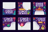 Fototapeta  - Cinco de mayo social media post templates. Mexican holiday vector square frames, capture the festive spirit, cultural pride and joy of Mexico with colorful alebrije style sombrero, guitar and flowers