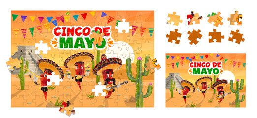 Aufkleber - Jigsaw puzzle game pieces, cinco de mayo Mexican holiday pepper musician characters in desert. Cartoon educational boardgame, vector worksheet for preschool children with funny jalapeno mariachi band