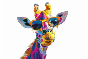 Canvas Print - colorful giraffe portrait with sunglasses vibrant pop art style white background generative ai illustration