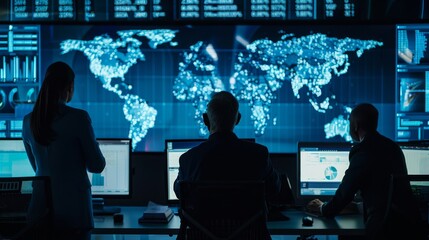 Poster - Cybersecurity professionals in a crisis center, countering live cyber threats on a global map, in a tense, action-packed style.