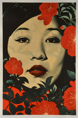 Wall Mural - vintage asian woman portrait with red flowers