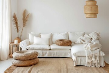 Wall Mural - cozy beige living room interior with white sofa and natural decorations modern home design