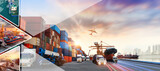 Fototapeta Miasta - Global business of Container Cargo freight train for Business logistics concept, Air cargo trucking, Rail transportation and maritime shipping, Online goods orders worldwide