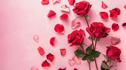 Poster - Beautiful red roses and petals on pale pink background, flat lay. Space for text