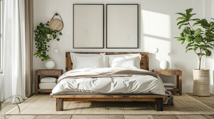 Interior of modern master bedroom with white walls, wooden floor, comfortable king size bed with two white bedside tables and horizontal mock up poster.