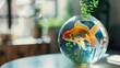 Beautiful bright small goldfish in round glass aquarium on white table indoors Space for text