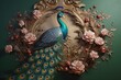 a peacock is shown in a frame with flowers on it.