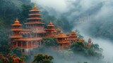 Fototapeta Londyn - Majestic temples nestled among mist-covered mountains, evoking a sense of spirituality and tranquility