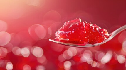 Eating red jelly or jello, spoonful of jelly on the top Selective Focus, Focus in the middle of the image