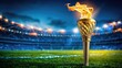 3d rendering. Flame burns in Olympic torch against blurred sports arena