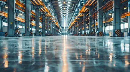 Industrial building or modern factory for manufacturing production plant or large warehouse Polished concrete floor clean condition and space for industry product display or industry background