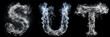 Letters S, T, U. White Smoke Alphabet on Black Background