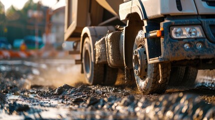 Wall Mural - Mixer truck is transport cement to the casting place on building site,Selective focus.Concrete is flowing into the foundations of the building