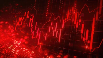Poster - The red crashing market volatility of crypto trading with technical graph and indicator red candlesticks going down without resistance market fear and downtrend Cryptocurrency background concept