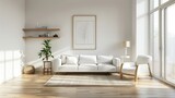 Fototapeta  - White living room interior with sofa and armchair, shelf with art decoration, carpet on hardwood floor. Panoramic window on tropics. Mockup copy space wall