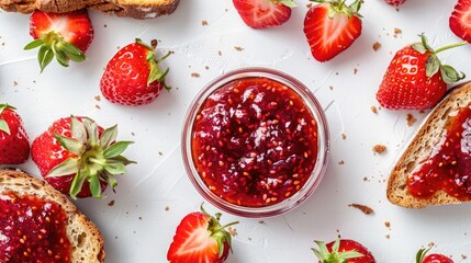 strawberry jam-filled bread and strawberry fruit on a white background