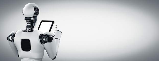 Poster - xai 3d illustration robot humanoid using tablet computer in future office while using ai thinking br
