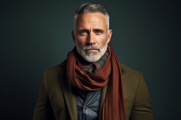 Wall Mural - Portrait of a stylish senior man with a beard and a red scarf over dark background.