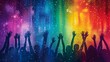 Silhouette of raised hands in celebration on Rainbow Background