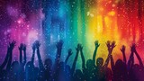 Fototapeta  - Silhouette of raised hands in celebration on Rainbow Background