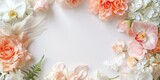 Fototapeta Dinusie - An elegant floral banner with white orchids and peach pink roses. Empty space for text. 