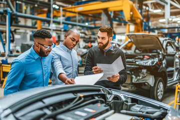 Project manager and automotive engineer discussing Scheme on over paper at glass desk at car factory. Automated robot arm assembly line manufacturing.