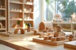 montessori wooden educational toys and materials in sunlit kindergarten classroom
