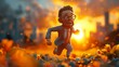 Determined 3D cartoon businessman running, race against time, sunset background