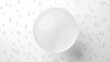水滴のついた白背景に透明の美しい球体。3D（横長）