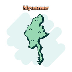 Myanmar cartoon colored map icon in comic style. Country sign illustration pictogram. Nation geography splash business concept.	
