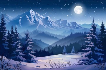 Wall Mural - serene winter night in snowy mountain conifer forest christmas holiday landscape illustration