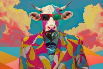 Wall Mural - surreal fashion cow in colorful suit and sunglasses abstract geometric style digital art