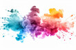 A colorful rainbow smoke explosion occurs on a white background, creating color splashes and a colorful watercolor paint splash.