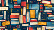 An illustration of books stacked on top is designed using bold lines and vibrant colors to create the pattern, against a dark blue background with large white squares.