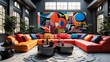 Interior design of colorful living room interior concept of memphis design 