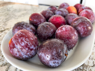 Wall Mural - Fresh Plums on a Plate in a Bright Modern Kitchen Setting